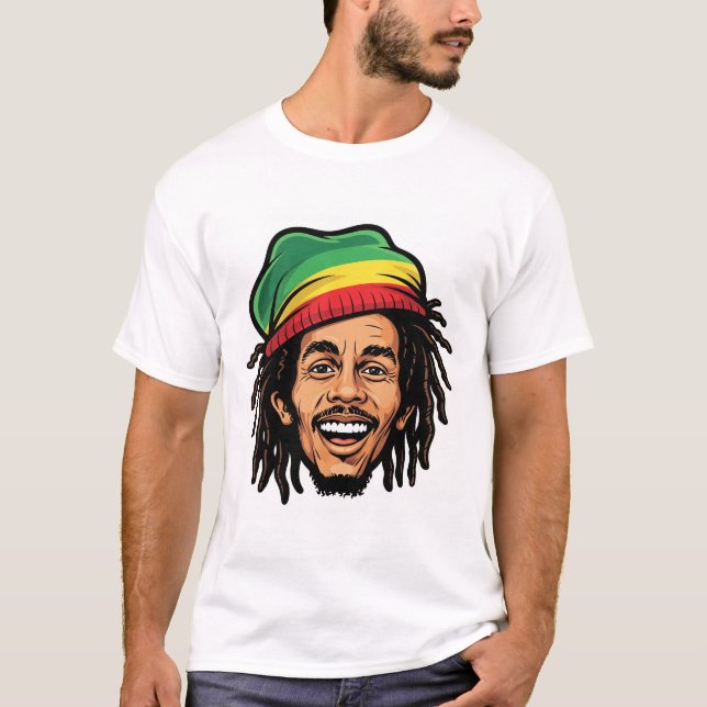 Rasta Roots & Reggae Rhythmer - Ikoniske Bob Marle T Shirt (Framsida)