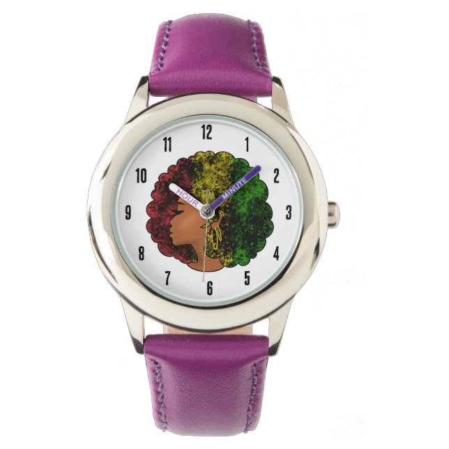 Rasta svart flicka kvinna afro röd gul grön  armbandsur (Framsida)