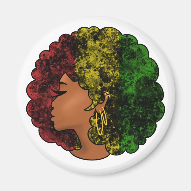 Rasta svart flicka kvinna afro röd gul grön  magnet (Framsidan)