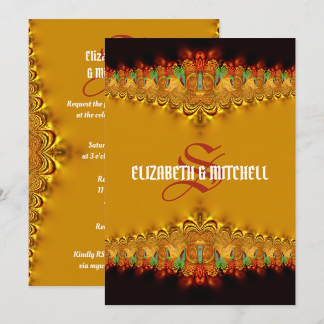 Rasta Tango Guld Snöre Monogram Bröllop Inbjudningar (Fram/baksida)