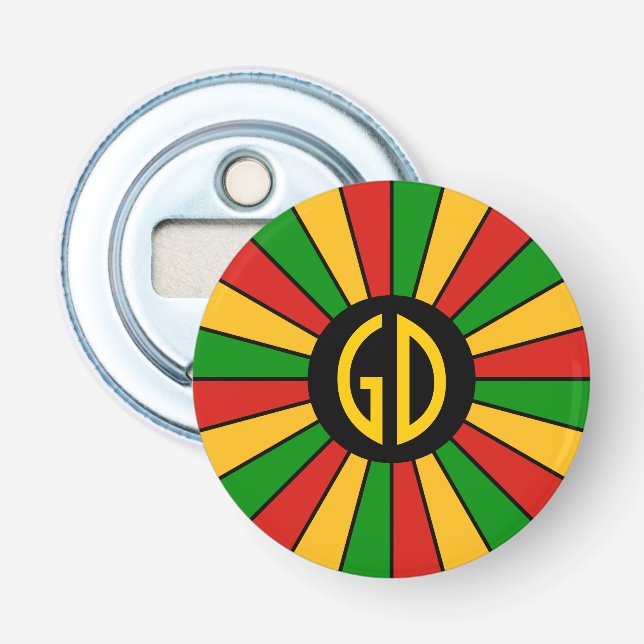 RASTAFARI FLAGGA BUTTON RAYS + ditt tecken eller m Flasköppnare (Framsidan)