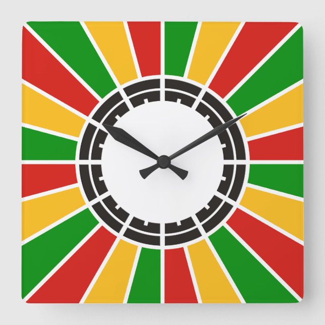 RASTAFARI FLAGGA BUTTON RAYS + ditt tecken eller m Fyrkantig Klocka (Framsida)