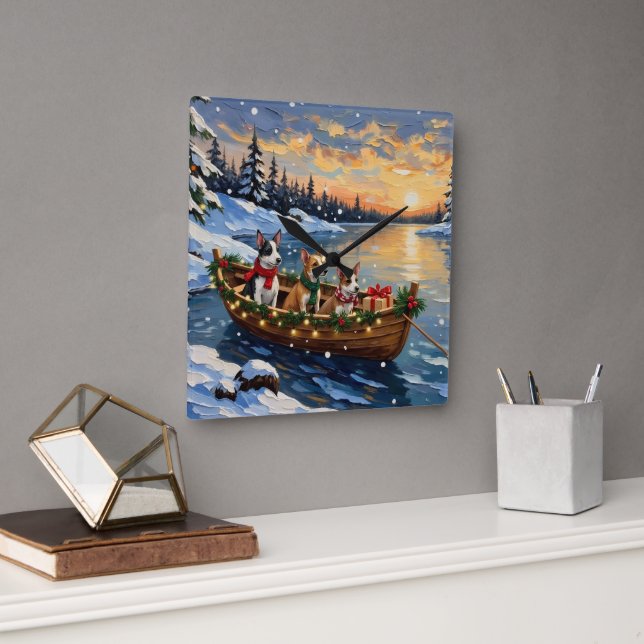 Rat Terrier Christmas Boat Holiday Fyrkantig Klocka (Kontor)