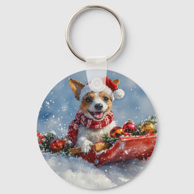 Rat Terrier Hund i Släd Låt det Snöa Jul  Nyckelring (Framsida)
