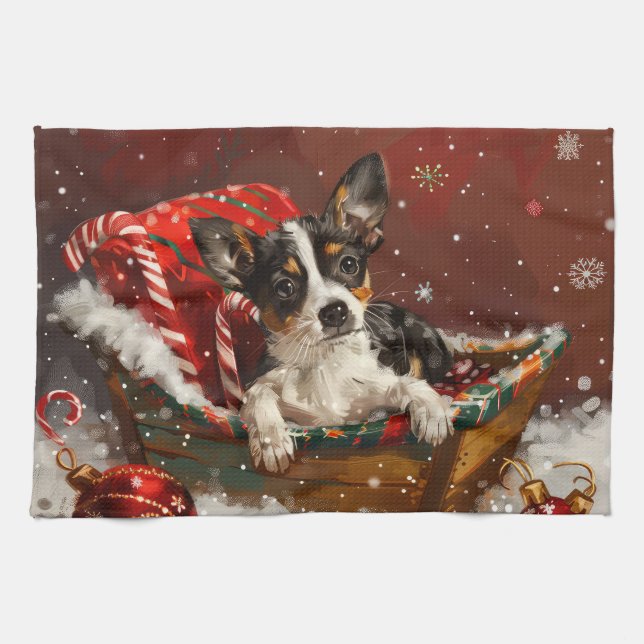 Rat Terrier Hund Jul Festlig Kökshandduk (Horisontell)