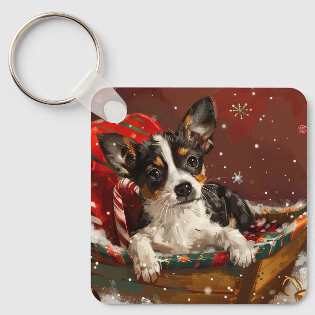 Rat Terrier Hund Jul Festlig Nyckelring (Framsida)