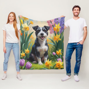 Rat Terrier Hund Vårblommor Målning Fleecefilt