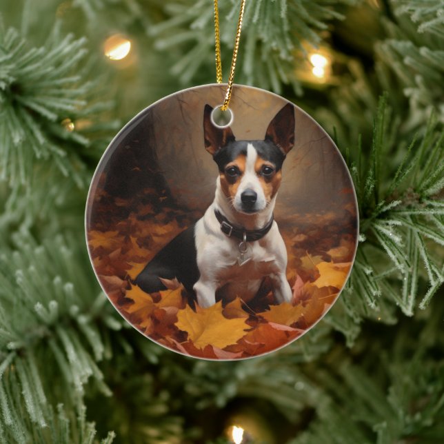 Rat Terrier i höstlöv Fall Inspire Julgransprydnad Keramik (Träd)