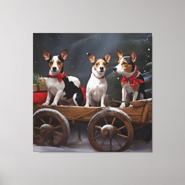 Rat Terrier Snöig släde juldekoration Canvastryck (Framsida)
