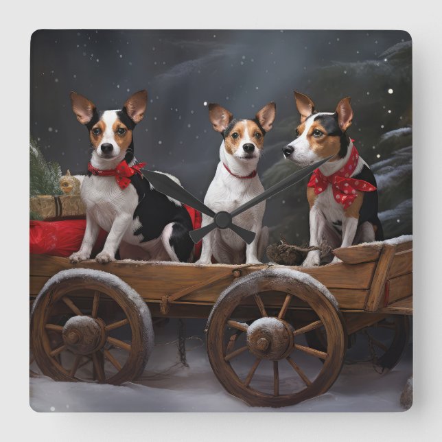 Rat Terrier Snöig släde juldekoration Fyrkantig Klocka (Framsida)