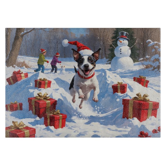 Rat Terrier som springer i snö med julhatt (Framsidan)