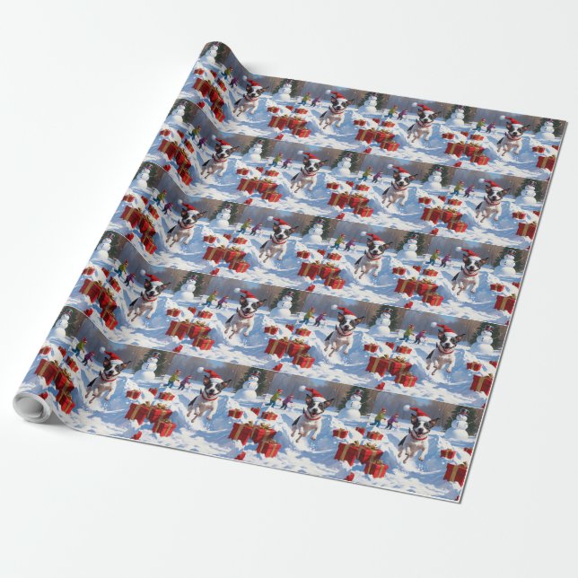 Rat Terrier springer i snö med julhatt Presentpapper (Utrullad)