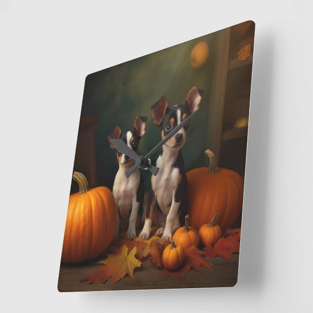 Rat Terrier Valp Höstglädje Pumpa Fyrkantig Klocka (Vinkel)
