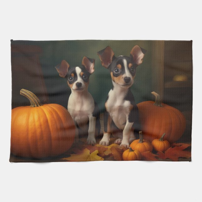 Rat Terrier Valp Höstglädje Pumpa  Kökshandduk (Horisontell)