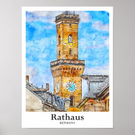 Rathaus Tyskland Travel Watercolor Hand plockade Poster