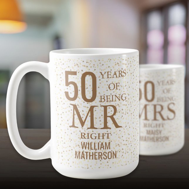 Rätt herr 50-årsjubileum Guldhjärtan Kaffemugg (Mr Right Fun 50th Wedding Anniversary Gold Hearts Coffee Mug)
