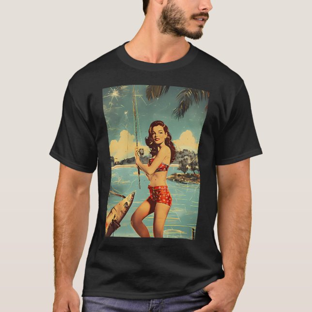 Rätt retro tjej som fiskar t shirt (Framsida)