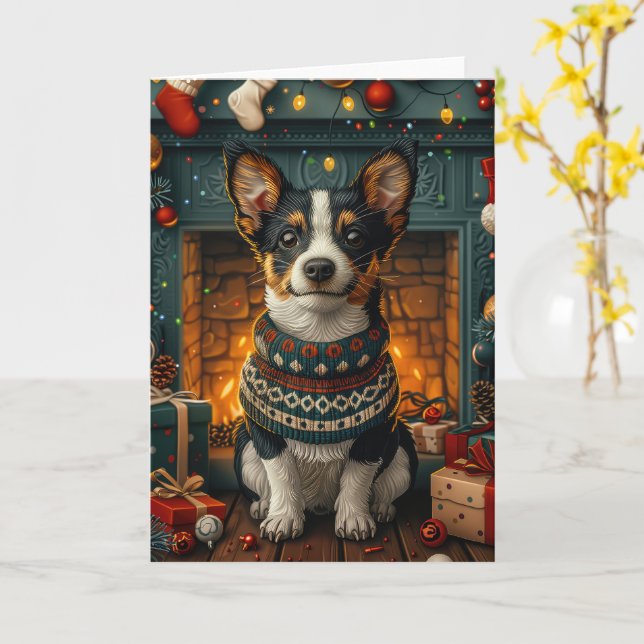 Rått Terrier Hund Med Julpresenter Öppen Spis Kort (Gul blomma)