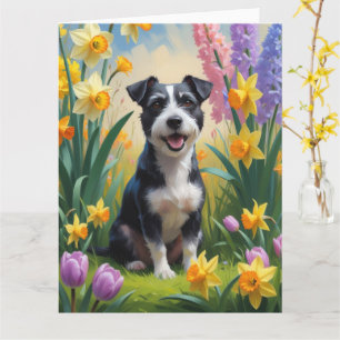 Rått Terrier Hund Vårblommor Målning Kort
