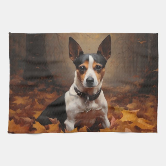 Rått Terrier i höstlöv Fall Inspirera Kökshandduk (Horisontell)