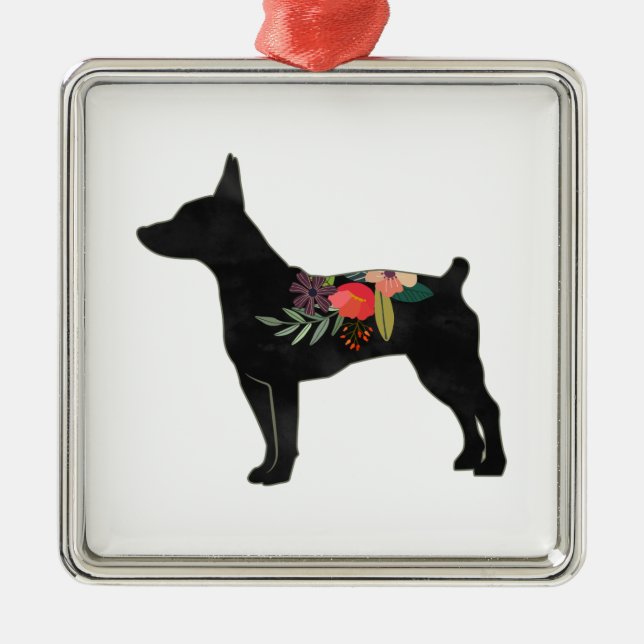 Råtta Terrier CC Hund Boho Blommigt Silhouette Julgransprydnad Metall (Framsidan)