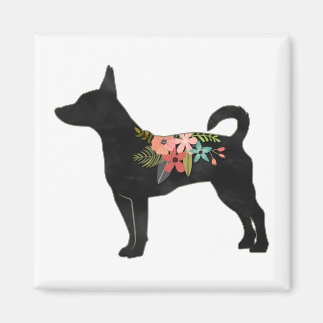 Råtta Terrier CN Hund Boho Blommigt Silhouette Magnet (Framsidan)