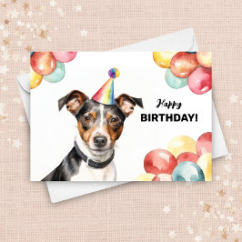 Råtta Terrier Hund Balloons och Party Hat Birthday Kort