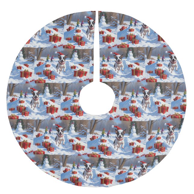 Råtta Terrier i Snö med julklapp Julgransmatta Borstad Polyester (Framsidan)
