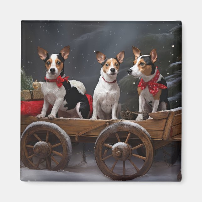 Råtta Terrier Snowy Sleigh-juldekretet Magnet (Framsidan)