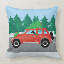 Råtta Terrier som kör en julbil med Träd Kudde