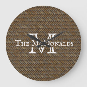 Rattan Wicker Boho Monogram Basketweave   Stor Klocka