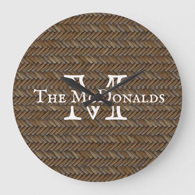 Rattan Wicker Boho Monogram Basketweave   Stor Klocka (Framsida)