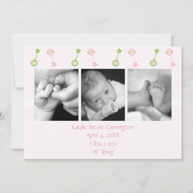 Rattle on Roll Birth Annoucement (rosa) Meddelande (Framsida)