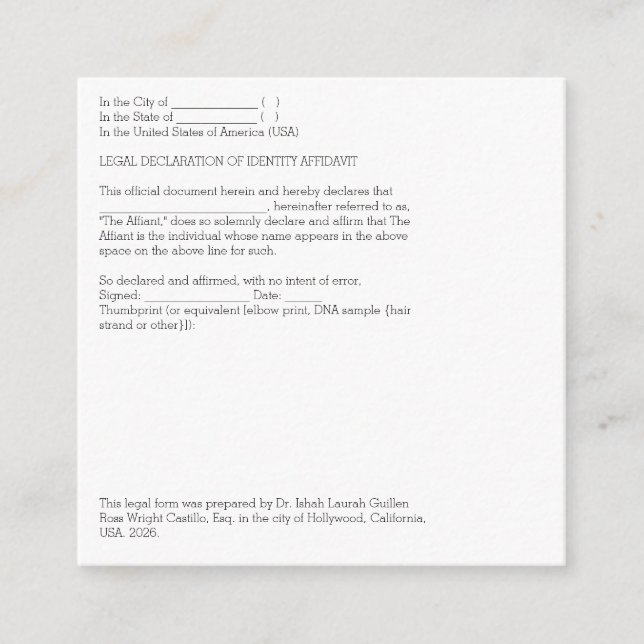 Rättslig försäkran om identifieringsförsäkran tilläggskort (Framsida)