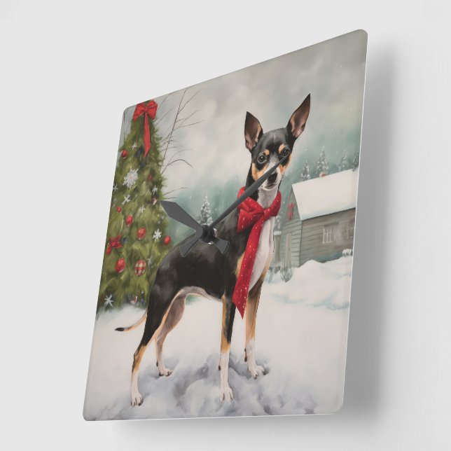 Råttterrier hund i snö jul fyrkantig klocka (Vinkel)