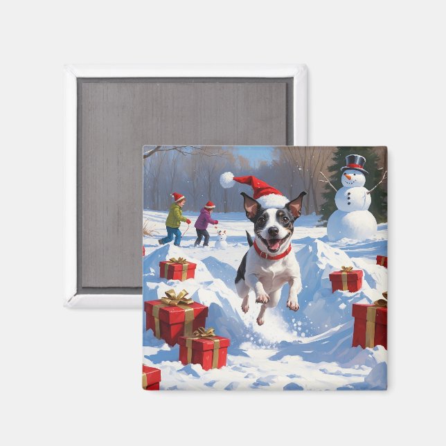 Råttterrier springer i snö med julhatt magnet (Front/Back)