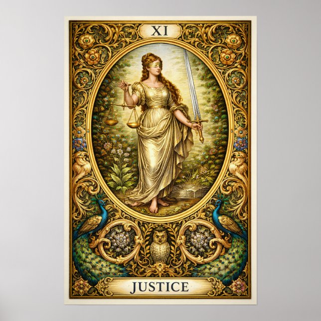 Rättvisa Tarotkort XI – Pre-Raphaelite Guld Poster (Framsidan)
