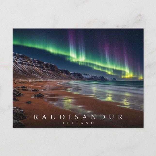Rauðasandur Röd Sand Strand Island Aurora Vykort (Framsida)