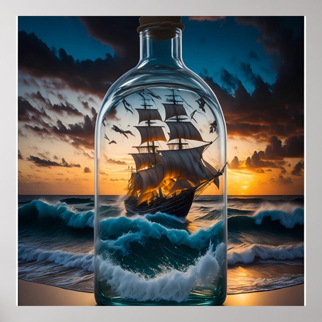 Raue See mit Schiff in einer Flasche Poster (Framsidan)