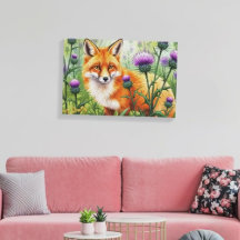 Räv Bland Lila Tistelfloror Akvarell