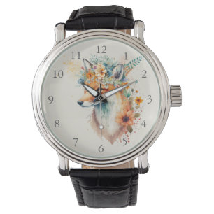 Räv Blomma Krona Vattenfärg Armbandsur