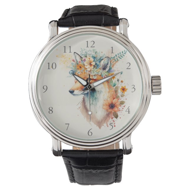 Räv Blomma Krona Vattenfärg Armbandsur (Framsida)