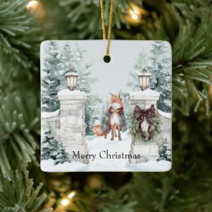 Räv Grön Kappa Snö Jul Julgransprydnad Keramik