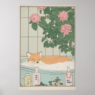 Räv i badkar Konsttryck Japansk Ukiyo-e stil Poster