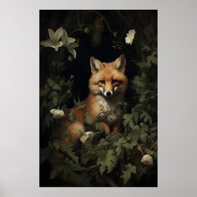 Räv i dystert skogsutskrift, Räv botanisk utskrift Poster (Framsidan)