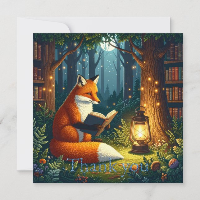 Räv i en magisk skogsbibliotek tack kort (Framsida)
