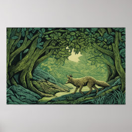Räv i en skog med träsnittsstrukturer poster