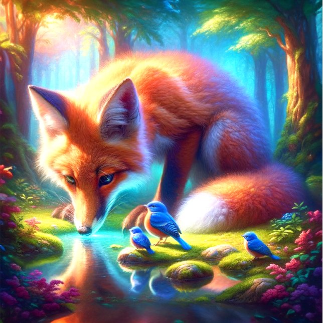Räv med amerikanska rödbröst i skog pussel (Escape to nature's embrace with the Fox and American Robins puzzle. Serenity awaits!)