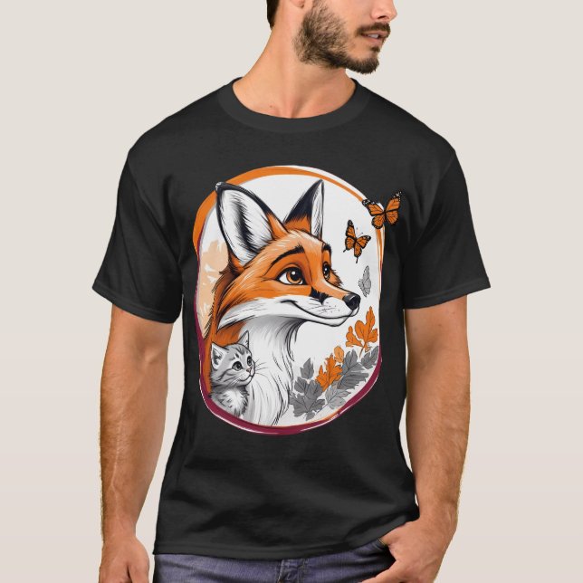 Räv med kattunge och fjärilar t shirt (Framsida)