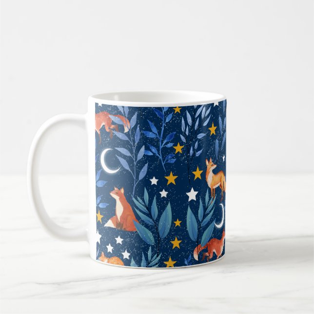 Räv Natt Skog Celestial Sömlöst Mönster Kaffemugg (Vänster)